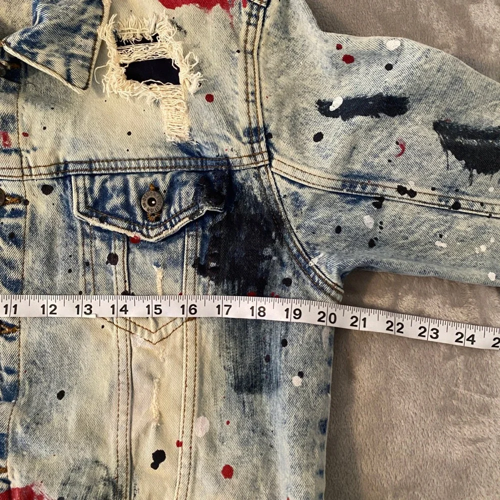 Evolution‎ In Design Denim Jacket Kids XL 18-20 Blue Paint Splatter Distressed